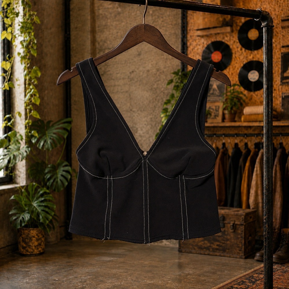 Bershka Black Contrast Stitch Corset Style Crop Top Deep V-Neck Size S